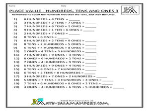 Place Value- Hundreds, Tens and Ones (#3) Worksheet for 5th - 6th ...