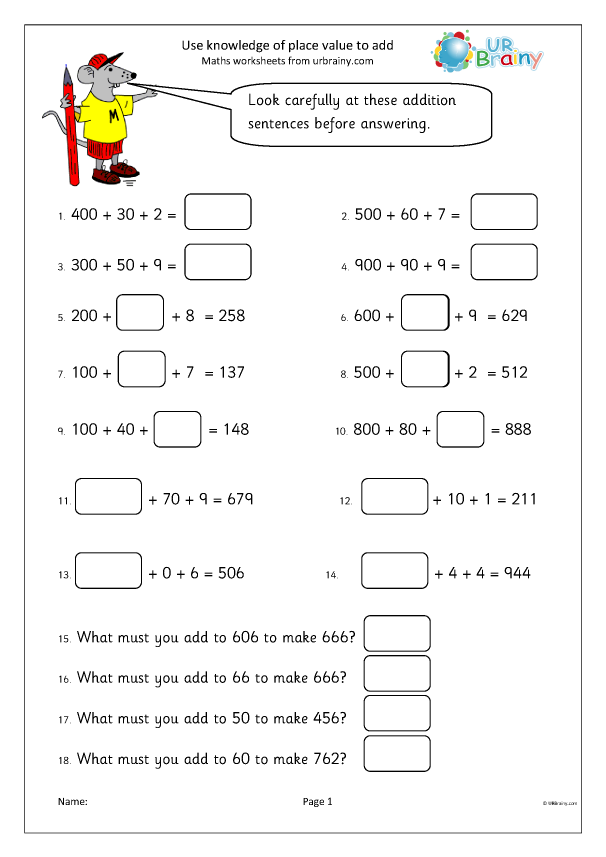 Use place value to add - Addition Maths Worksheets for Year 3 (age ...