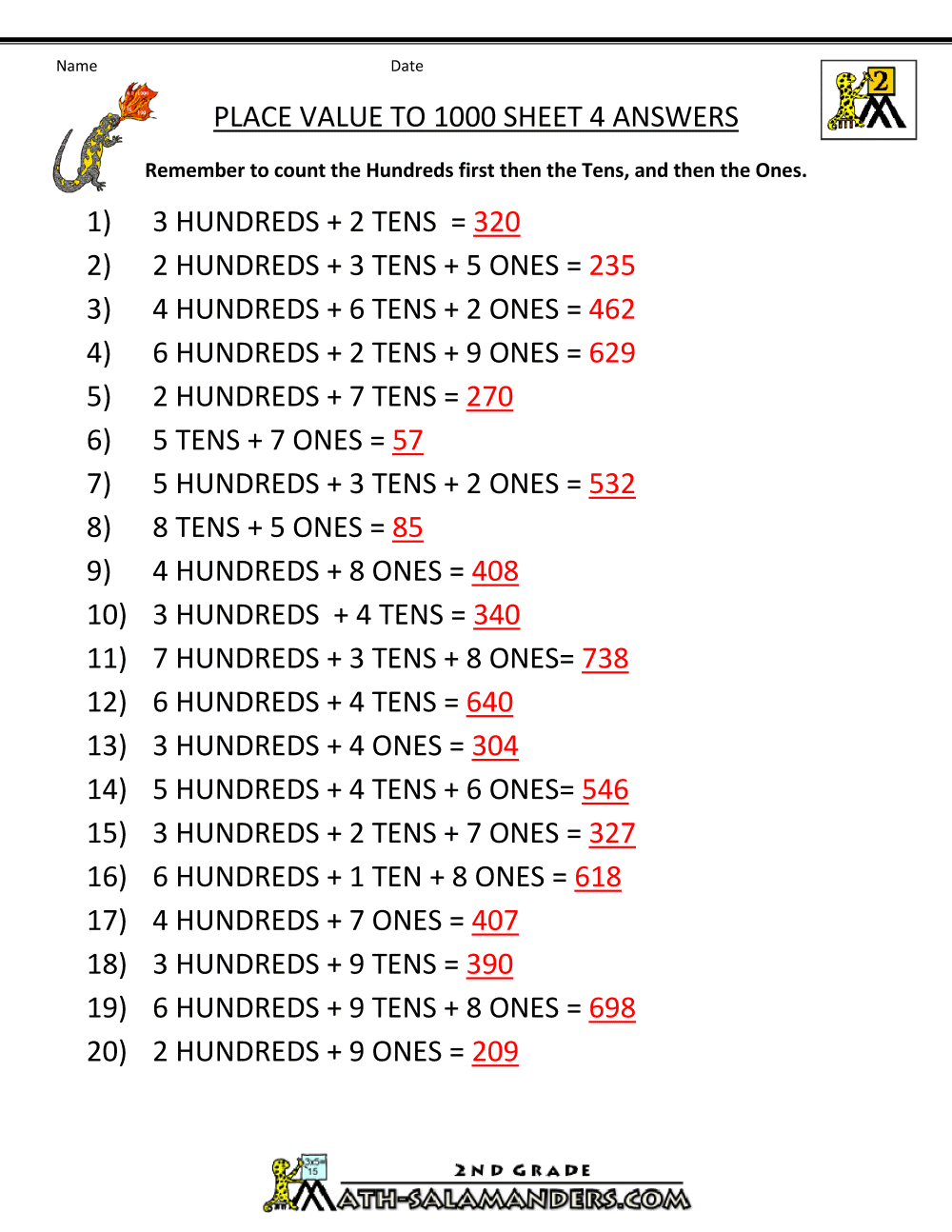 place value worksheet and answers