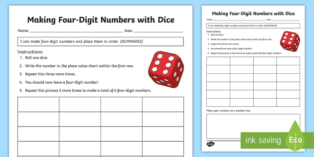 Making Four-Digit Numbers with Dice Open-Ended Place Value Worksheet /