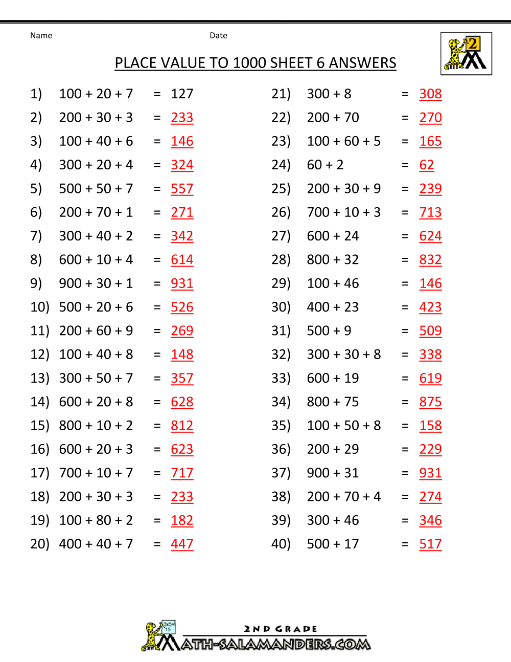 place value worksheet answers