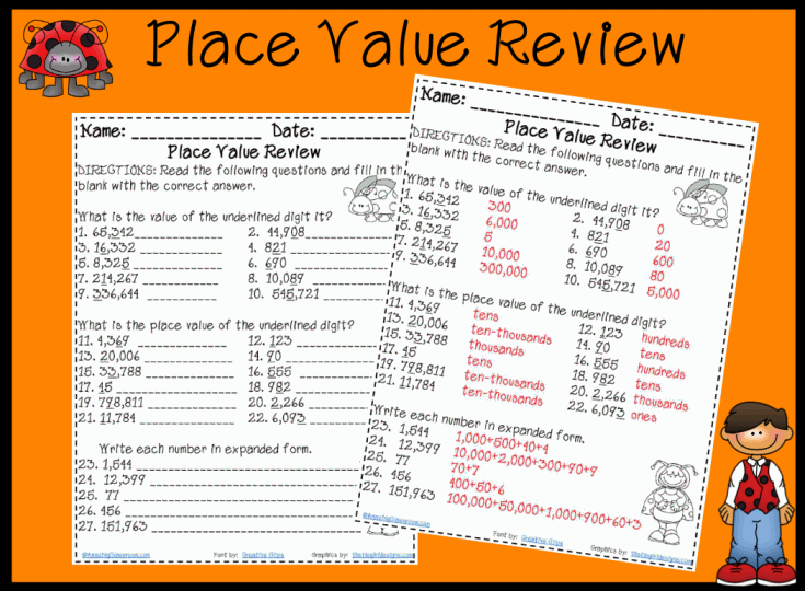 Place Value Review Worksheet Printable Worksheet with Answer Key ...