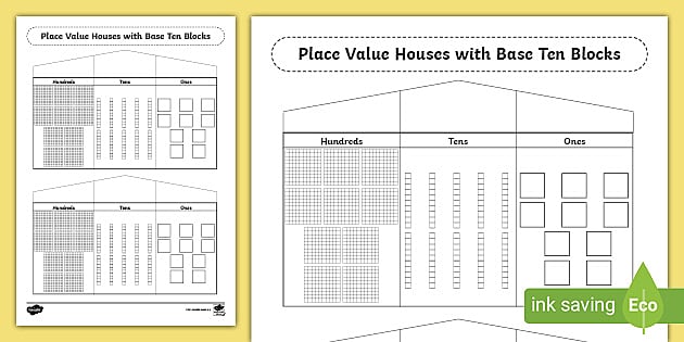 Place Value Houses Base Ten Blocks Worksheet (teacher made)