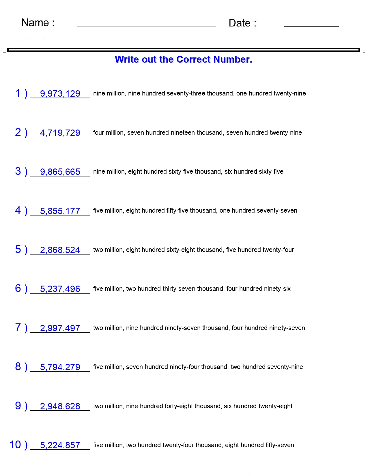 Place Value Worksheets Numbers in the Billions for Word Names 7 Digits 8  Digits