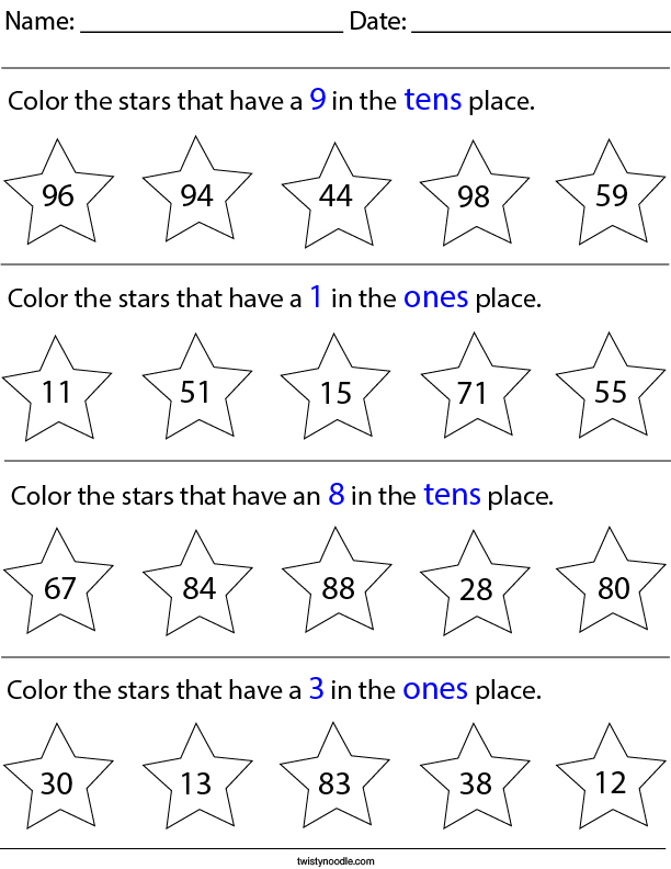 Place Value- Color the Stars Math Worksheet - Twisty Noodle