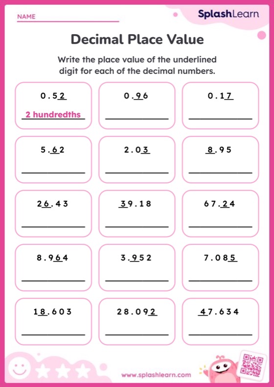 Write the Place Values for Decimal Numbers — Printable Math Worksheet