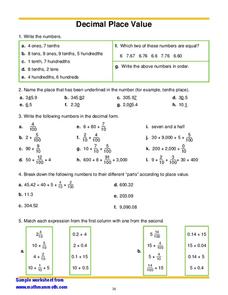 Decimal Place Value Worksheet for 5th Grade | Lesson Planet