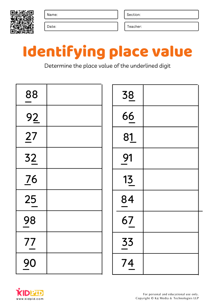 place value worksheet early years