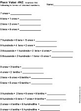 Decimals: Place Value Worksheet Printout #N2 - EnchantedLearning.com