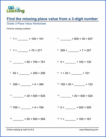 Grade 3 Place Value Worksheet: Find the missing place value (3 ...