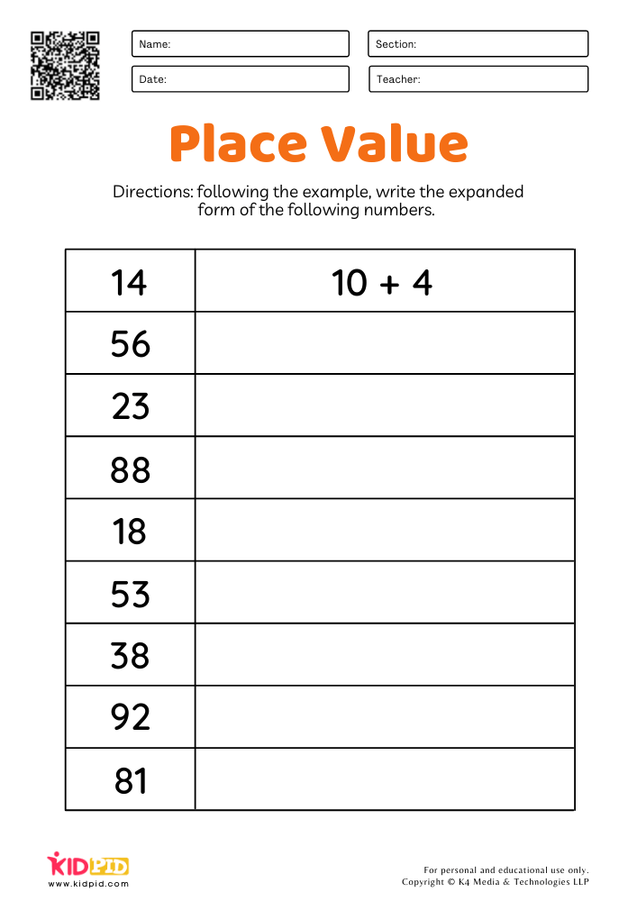 Math Expanded Form Worksheets for Grade 1 - Kidpid