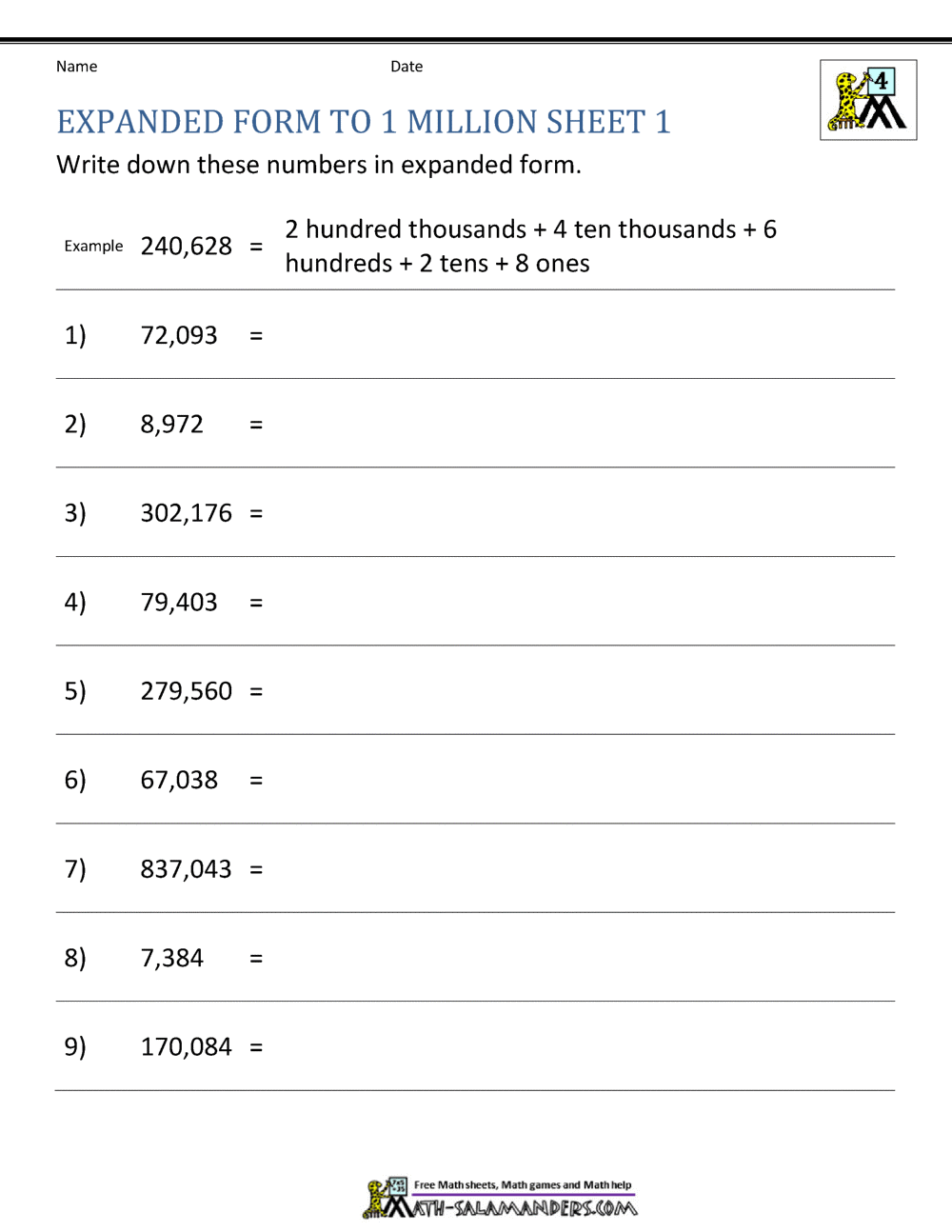 Place Value Worksheet - up to 10 million