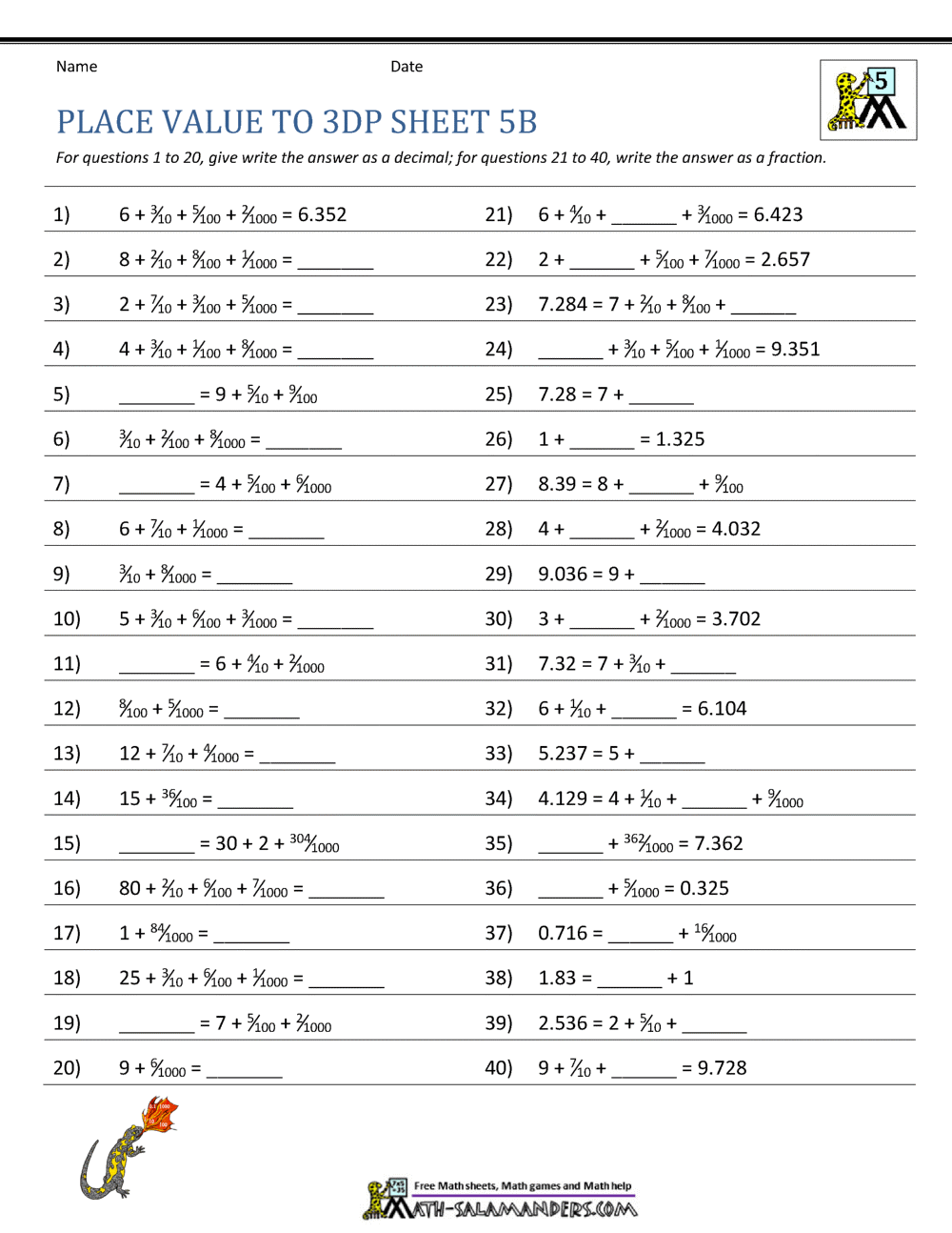 5th Grade Place Value Worksheets