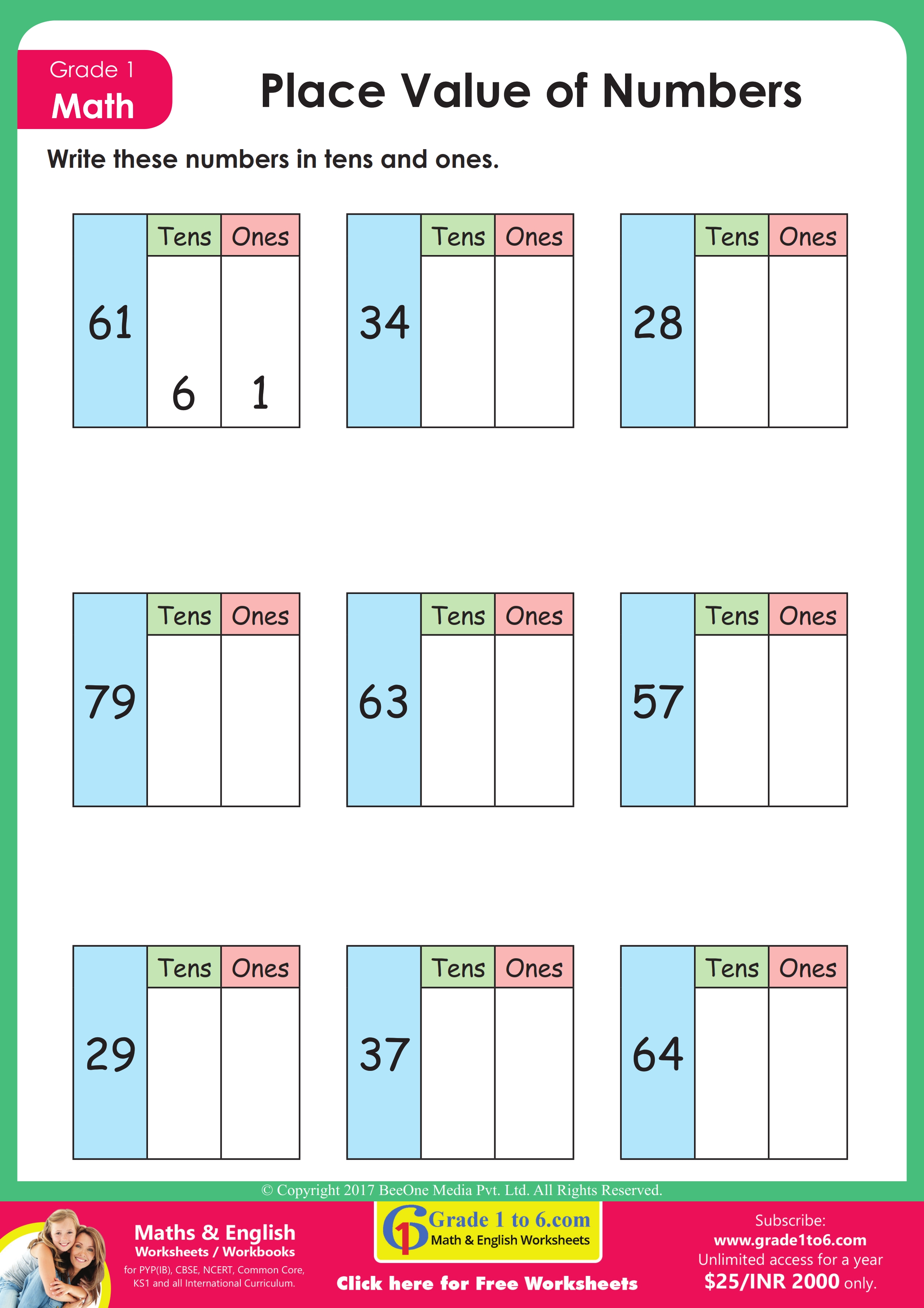 1st Grade Place Value worksheets of 2 digits | Grade1to6.com