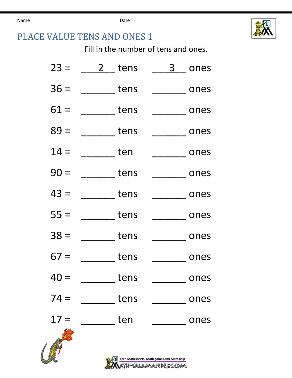 place value worksheet for first