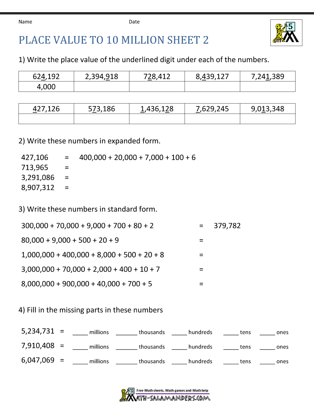 Place Value Worksheet - up to 10 million