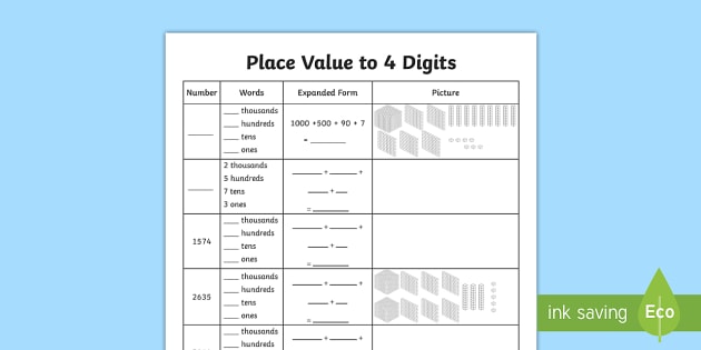 Place Value 4-Digit Numbers Worksheet | Primary Resources