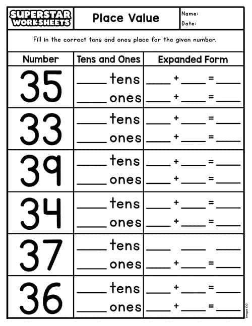 place value worksheet free 1st