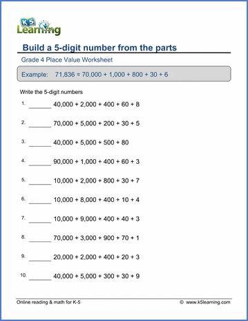 5 Digit Numbers - Place Value Worksheets: Build a 5-digit number ...