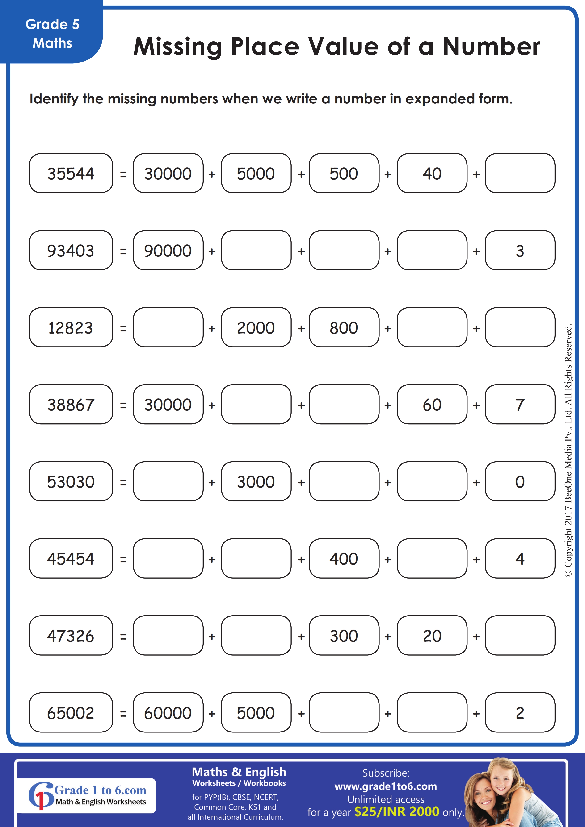 Missing Place Value Worksheets | Grade1to6.com