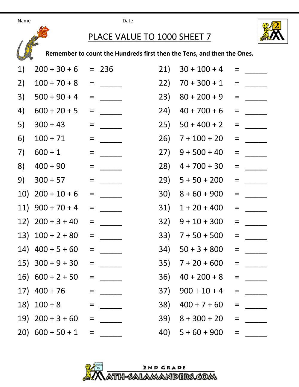 Math Place Value Worksheets to Hundreds
