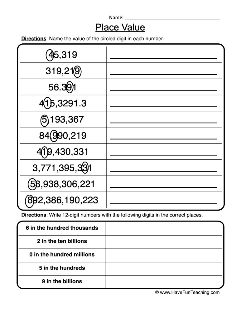 place value worksheet in the millions