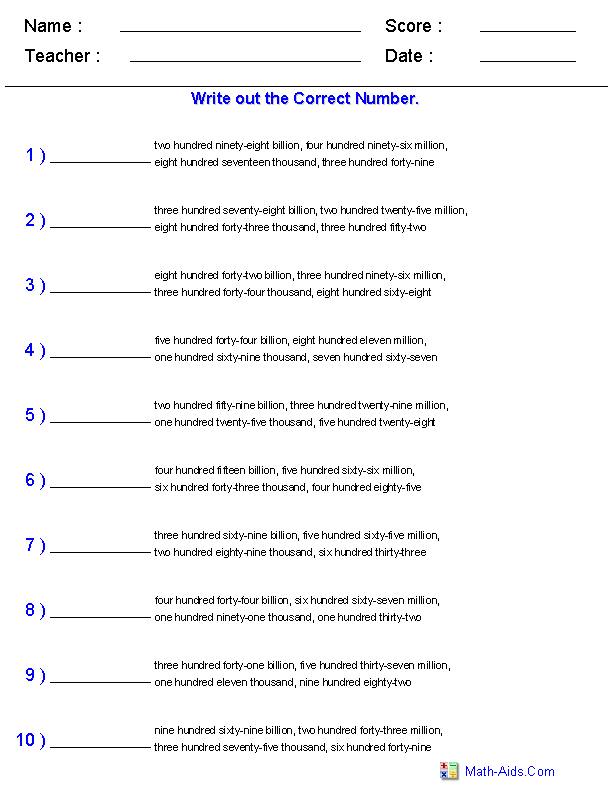 place value worksheet in words
