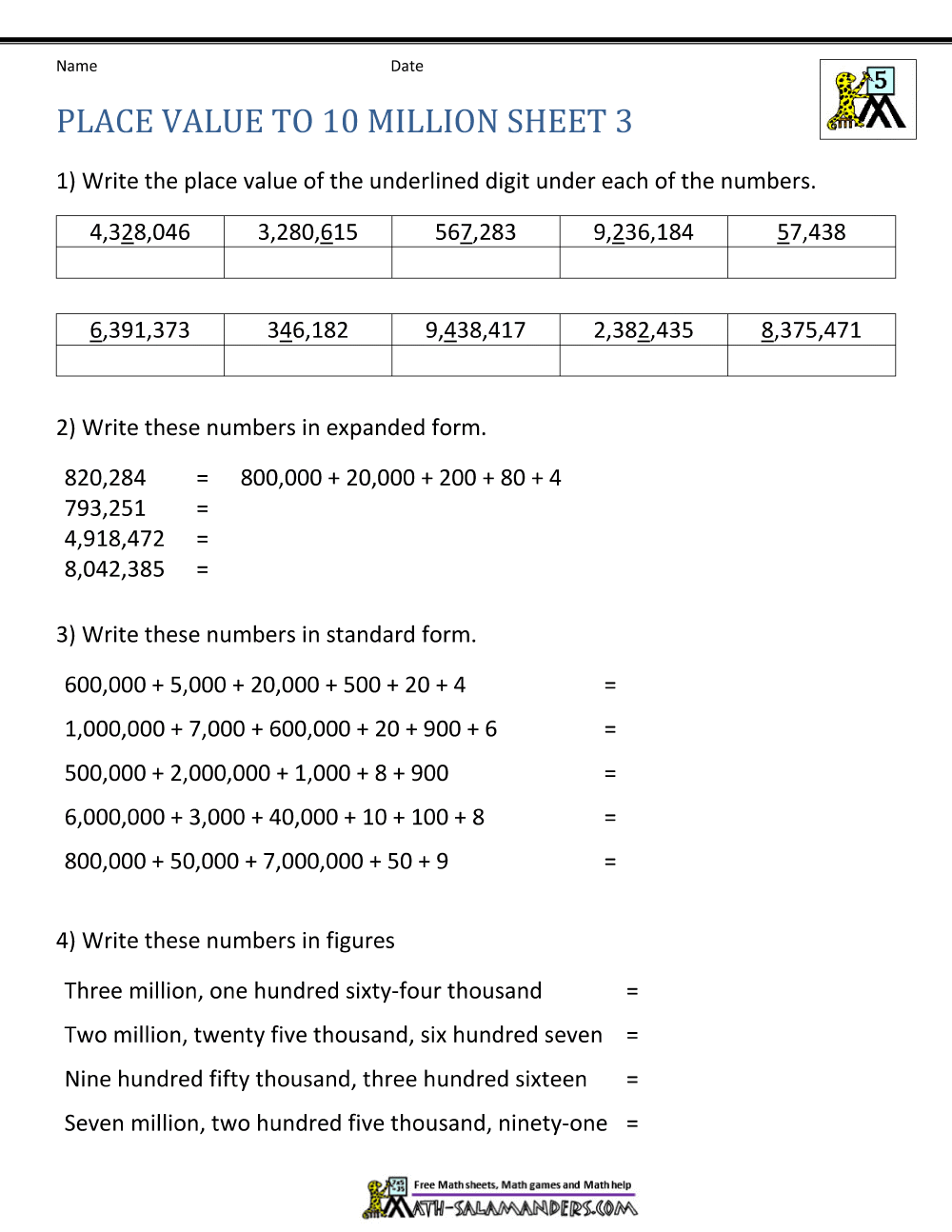 Place Value Worksheet - up to 10 million
