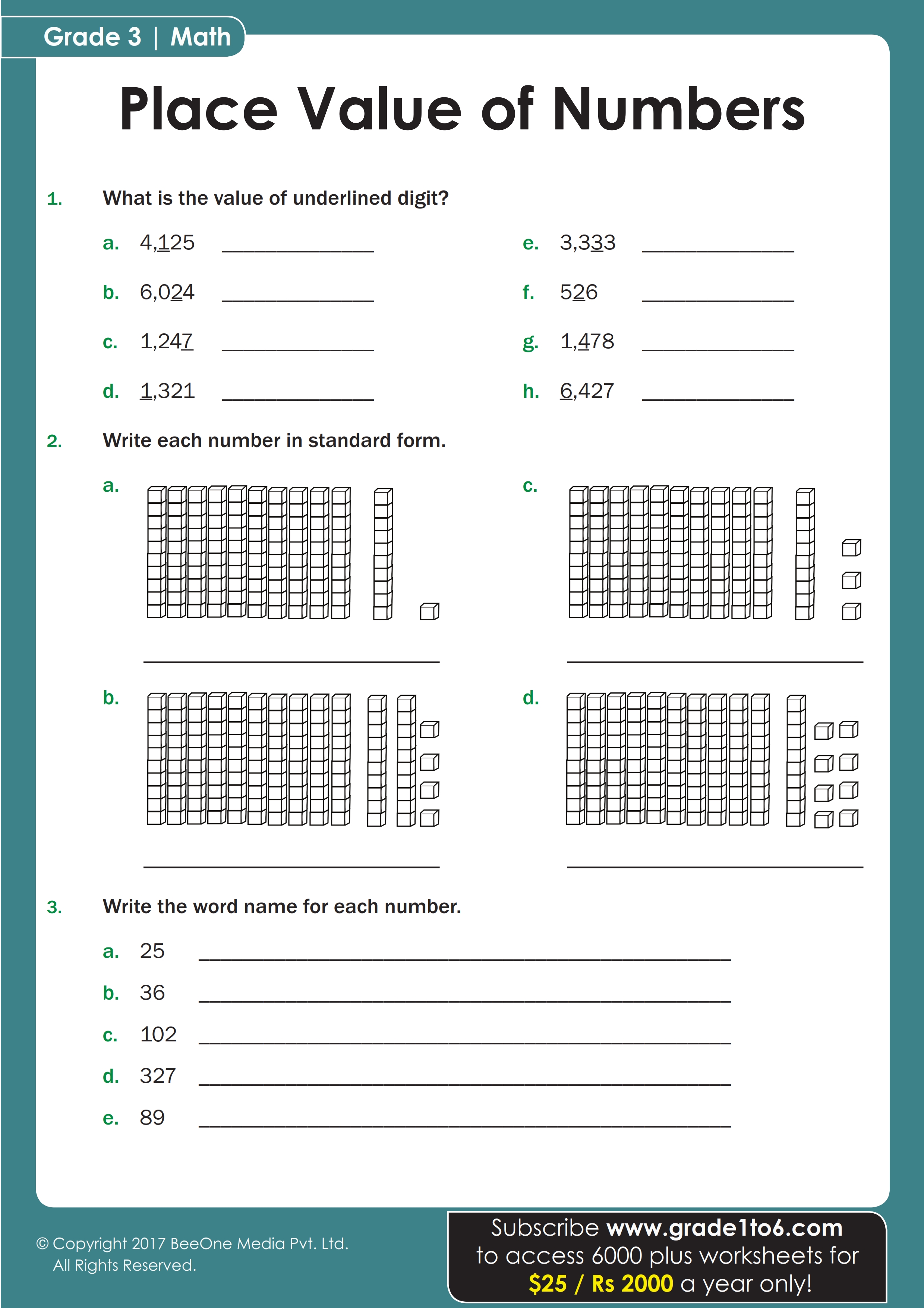 Place Value of Whole Numbers Worksheet | Grade1to6