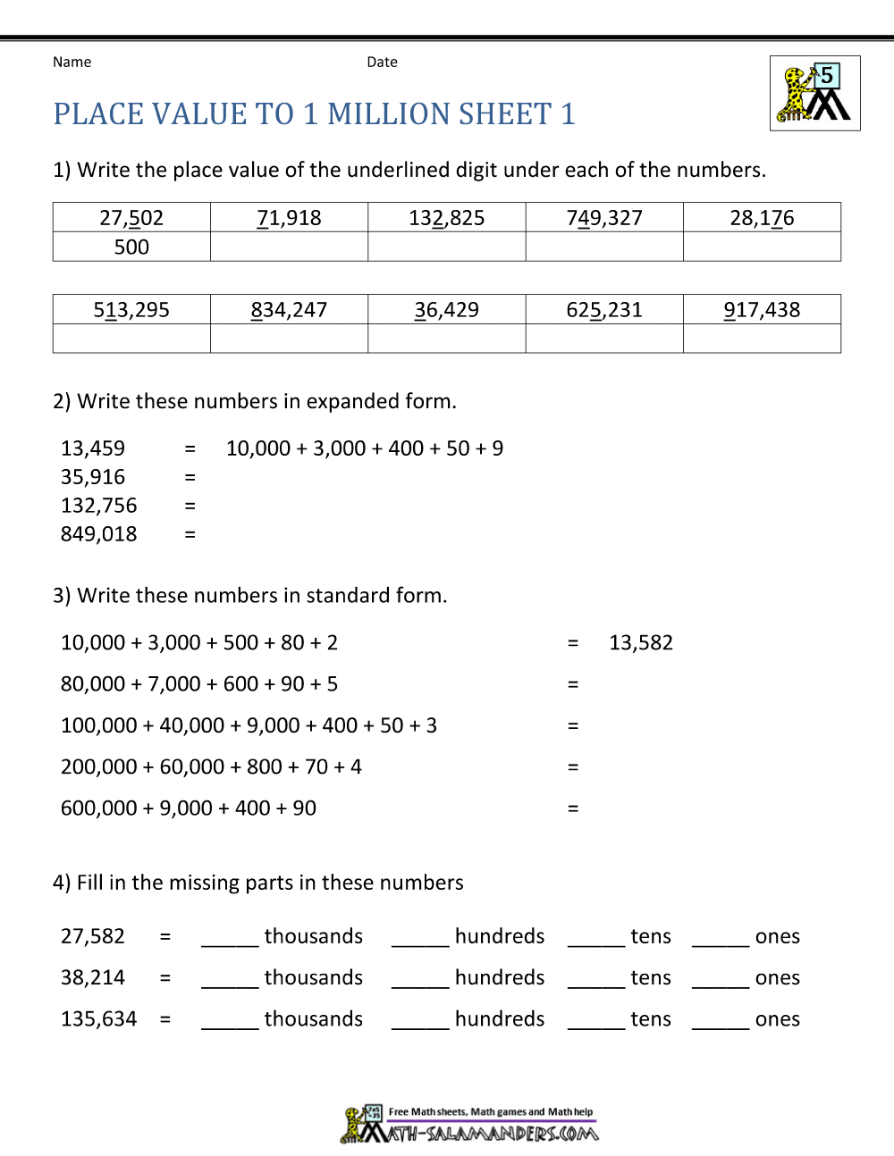 Place Value Worksheet - up to 10 million