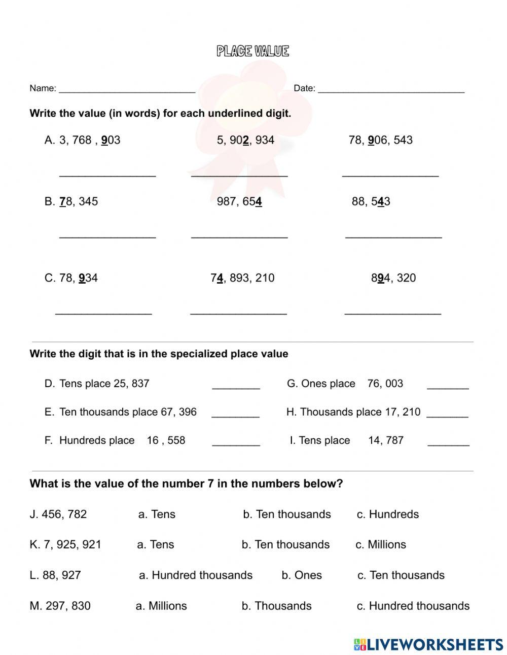 Place Value -Millions worksheet  