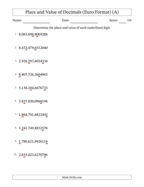 place value worksheet millionths