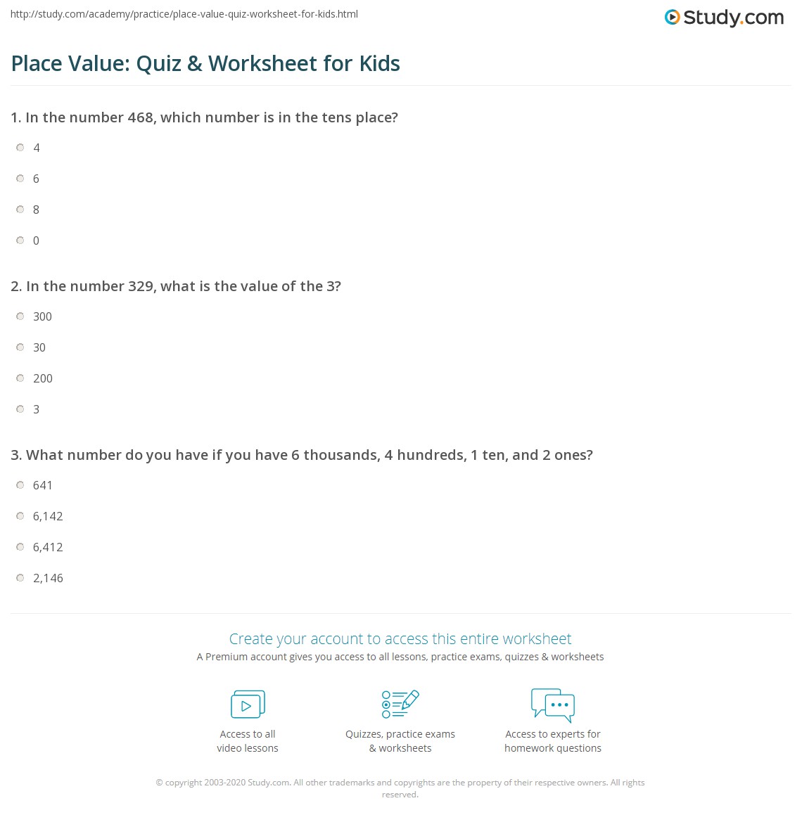 Place Value: Quiz &  Worksheet for Kids | Study.com