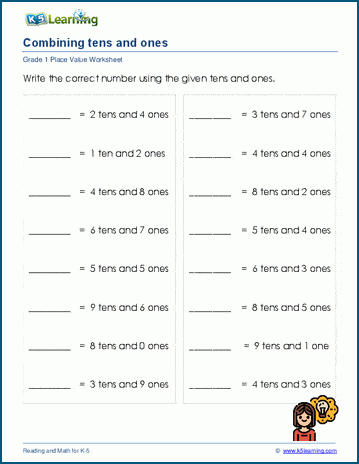 Grade 1 Place Value Worksheet: Combining Tens and Ones | Worsheets library