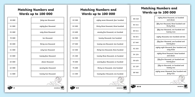 Matching Numbers and Words up to 100 000 Differentiated Worksheets
