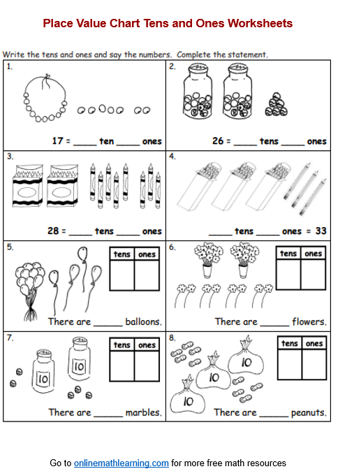 Place Values Tens &  Ones Worksheets (First Grade, printable, answers)