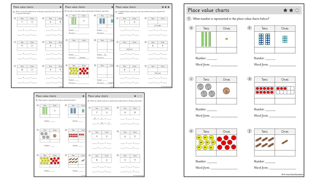Place value charts (within 100) | Worksheets - Primary Stars Education