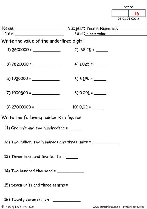 Numeracy: Place value | Worksheet | PrimaryLeap.co.uk