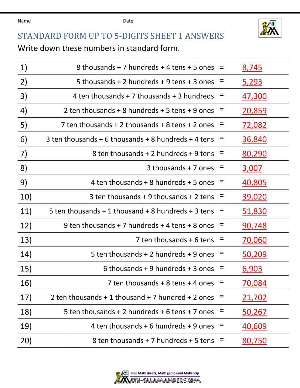 place value worksheet printable 4th grade