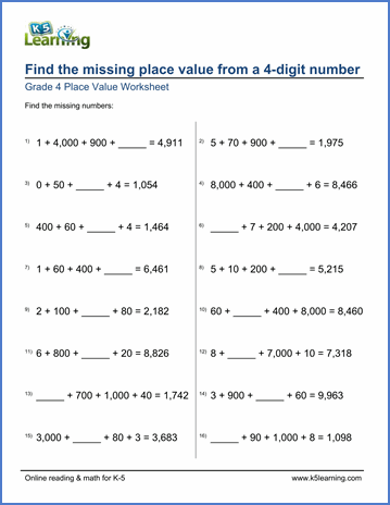 Missing place value from a 4-digit number | Worsheets library