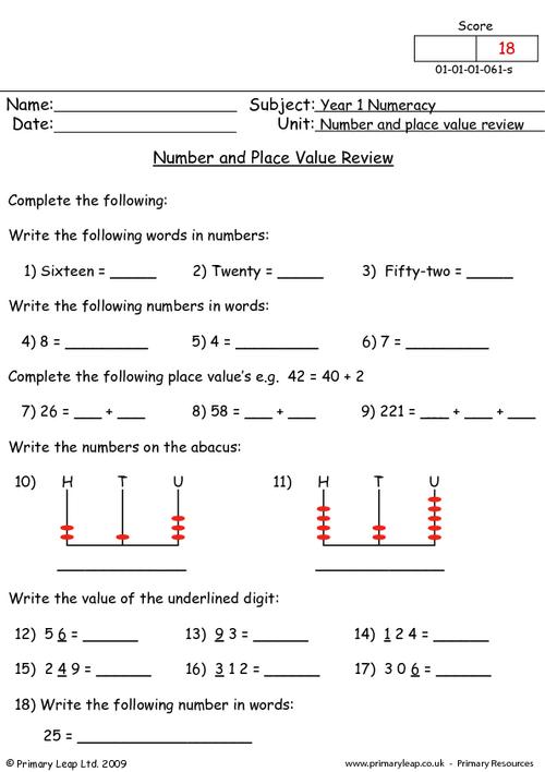 Numeracy: Number and place value review | Worksheet | PrimaryLeap ...