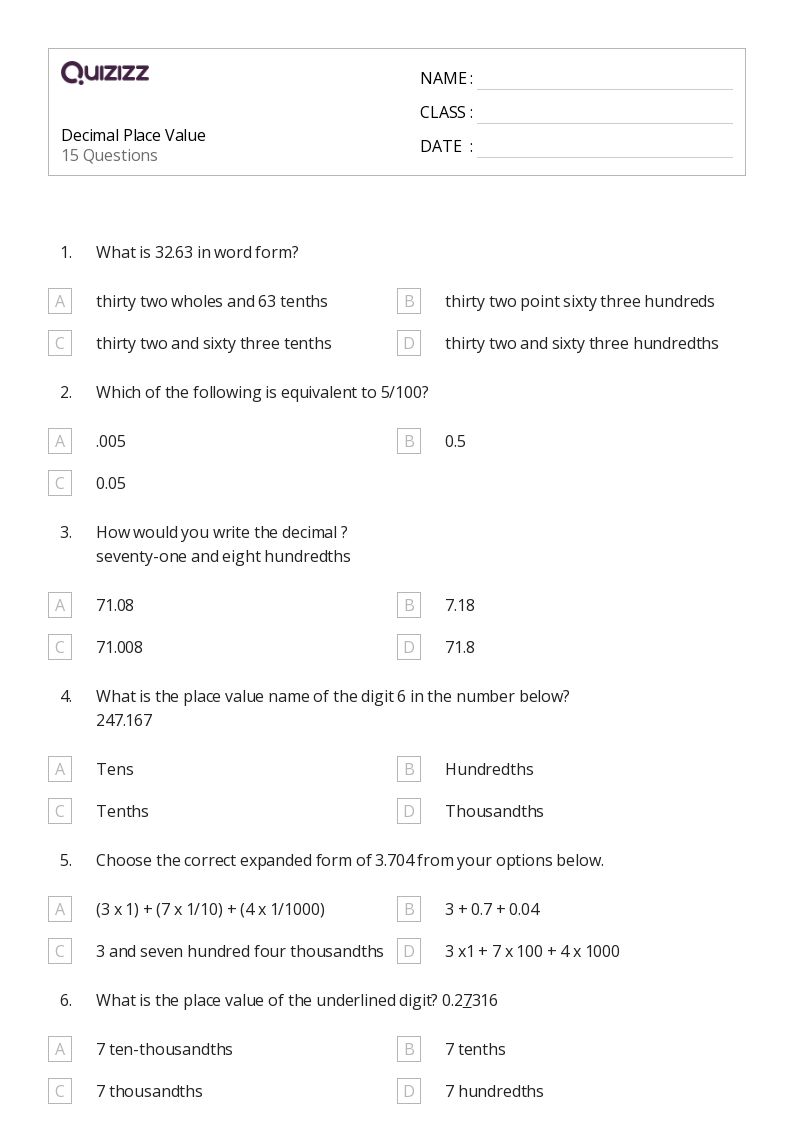 50+ Decimal Place Value worksheets for 7th Class on Quizizz | Free ...