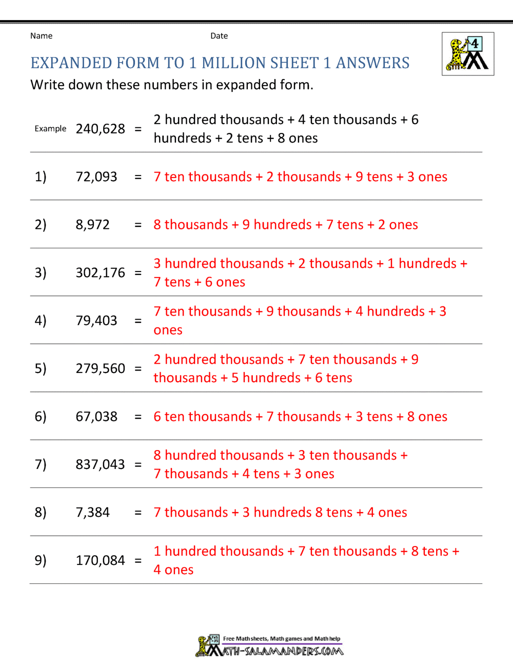 Place Value Worksheet - up to 10 million
