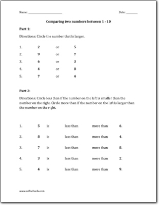 Comparing two numbers between 1 - 10 Worksheet