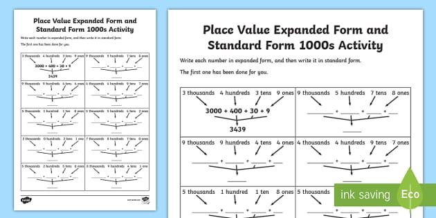 Place Value Expanded Form and Standard Form 1000s Worksheet /