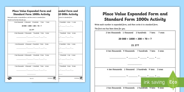 place value worksheet standard and