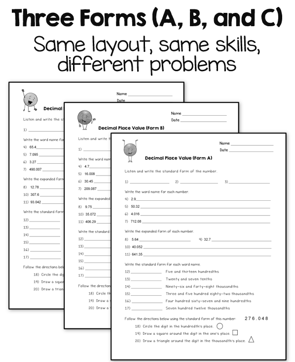 place value worksheet tenths hundredths thousandths