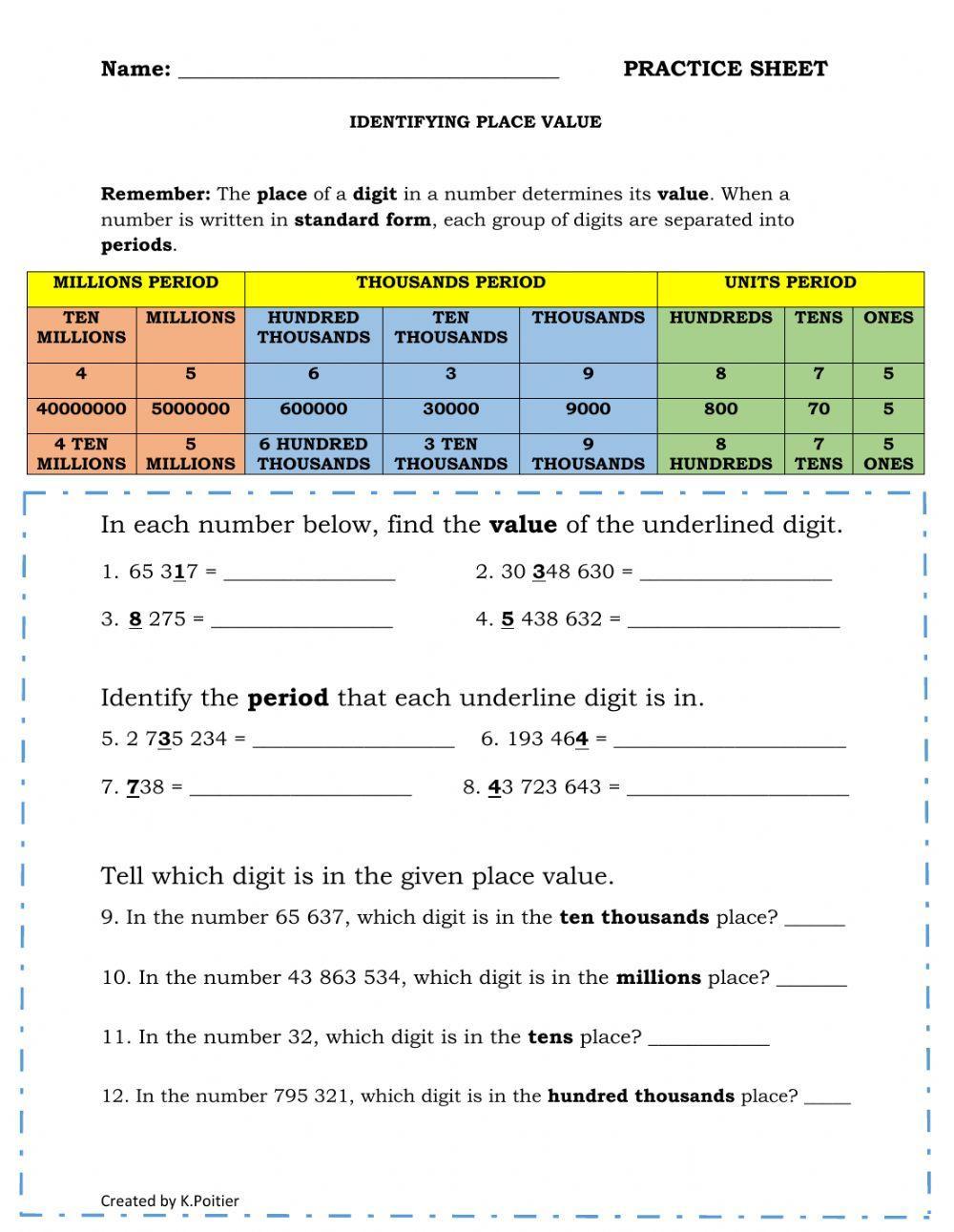 Identifying Place Value to Millions worksheet  