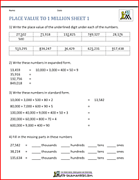 Place Value Worksheet - up to 10 million