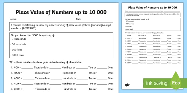 place value worksheet to 10 000